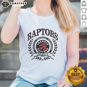 Pretty Toronto Raptors NBA logo framed by a laurel wreath on a retro ladies tee design.