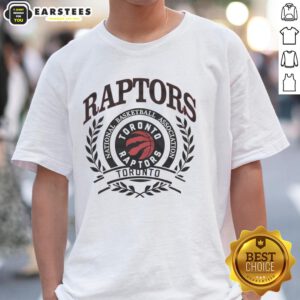 Alt Text: Retro Toronto Raptors NBA logo with laurel wreath frame on a stylish t-shirt design for basketball fans.