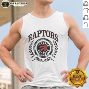 Alt Text: Retro Toronto Raptors NBA logo tank top featuring a laurel wreath frame, perfect for basketball fans.