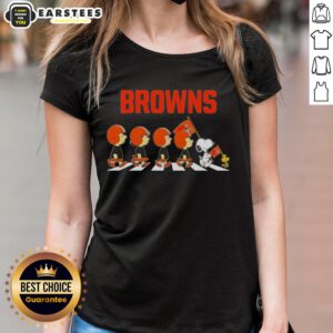 Top Cleveland Browns X Peanuts Snoopy and Friends Abbey Road ladies tee featuring iconic characters in team colors.