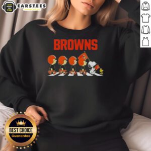Cleveland Browns X Peanuts Snoopy and Friends Abbey Road sweatshirt featuring iconic characters in team colors.