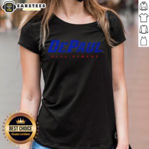 Alt Text: Top DePaul Blue Demons wordmark ladies tee featuring vibrant logo on a stylish women's t-shirt design.