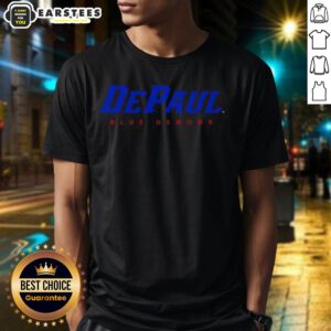 Alt Text: Top DePaul Blue Demons Wordmark T-Shirt featuring bold blue and red lettering on a stylish design for fans.
