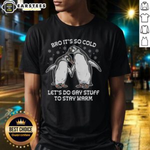 Awesome Bro It'S So Cold Let'S Do Gay Stuff To Stay Warm T-Shirt featuring a fun winter-themed design for LGBTQ+ pride.