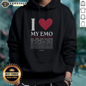 Awesome 'I Love My Emo' hoodie displayed on a mannequin, showcasing trendy emo fashion and unique style options.
