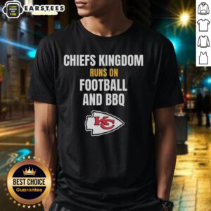 Awesome Kansas City Chiefs Kingdom Runs On Football And BBQ T-Shirt featuring bold graphics and team colors for fans.