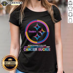 Awesome Pittsburgh Steelers Football ladies tee featuring colorful 'Cancer Sucks' logo, perfect for team spirit and awareness.