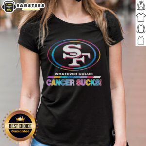 San Francisco 49ers ladies tee featuring colorful cancer awareness logo, promoting support and unity against cancer.