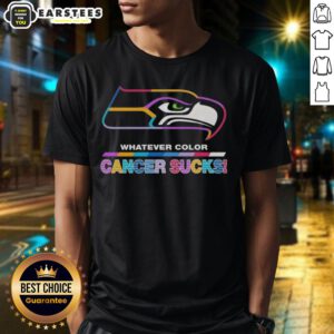 Alt Text: Awesome Seattle Seahawks Football T-Shirt featuring colors and logo, supporting cancer awareness and saying 'Cancer Sucks'.