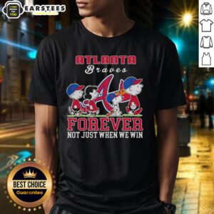 Awesome Snoopy Peanuts Atlanta Braves Forever T-Shirt featuring Snoopy celebrating the team, perfect for fans.