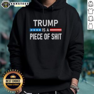Awesome Trump Is A Piece Of Shit Hoodie design featuring bold text on a stylish black background for statement fashion.
