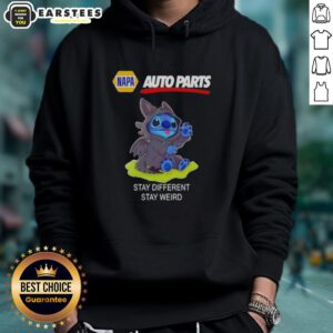Alt Text: Cute Stitch cosplay wearing a Toothless X Napa Auto Parts hoodie with Stay Different, Stay Weird slogan.