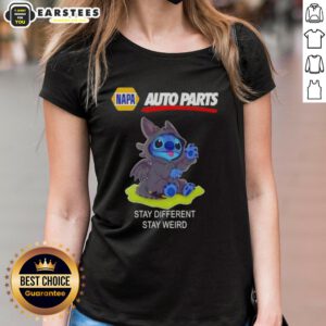 Cute Stitch cosplay Toothless x Napa Auto Parts tee for ladies, featuring quirky design and vibrant colors.