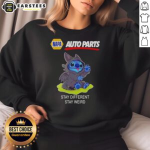 Alt Text: Cute Stitch cosplay wearing a Toothless sweatshirt from Napa Auto Parts, promoting Stay Different, Stay Weird style.