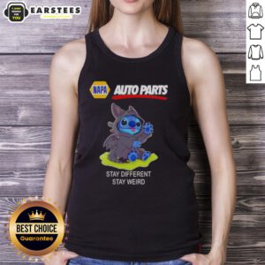 Adorable Stitch cosplay tank top featuring Toothless, Napa Auto Parts design, promoting 'Stay Different, Stay Weird' slogan.