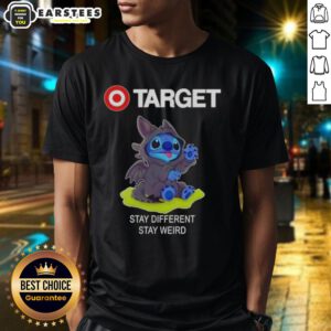 Alt Text: Cute Stitch cosplay wearing Toothless X Target Stay Different Stay Weird T-shirt, showcasing fun and unique style.