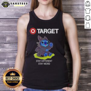 Adorable Stitch cosplay with Toothless design on a 'Stay Different, Stay Weird' tank top perfect for fans and collectors.