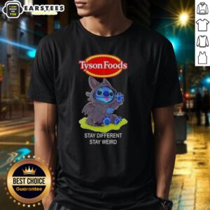 Alt Text: Cute Stitch cosplay featuring Toothless on a Tyson Foods Stay Different Stay Weird T-Shirt for unique style.