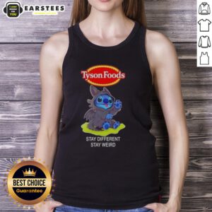 Cute Stitch cosplay in a Toothless X Tyson Foods tank top, promoting 'Stay Different, Stay Weird' slogan.