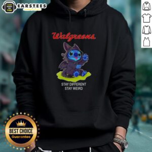 Adorable Stitch cosplay wearing a Toothless X Walgreens hoodie with 'Stay Different, Stay Weird' slogan.