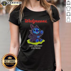 Alt Text: Cute Stitch cosplay in Toothless X Walgreens tee, showcasing 'Stay Different, Stay Weird' design for ladies.