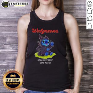 Cute Stitch cosplay wearing a Toothless tank top from Walgreens, promoting 'Stay Different, Stay Weird' style.