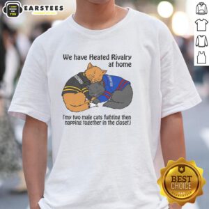 Funny t-shirt design featuring two male cats playfully fighting and then napping together in a closet.