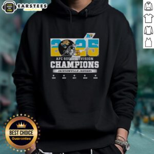 Jacksonville Jaguars hoodie celebrating the 2025 AFC South Division Champions, showcasing team colors and logo.