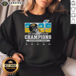 Jacksonville Jaguars sweatshirt celebrating the 2025 AFC South Division Champions with team logo and vibrant colors.