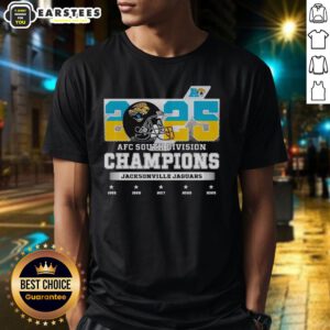 2025 AFC South Division Champions Jacksonville Jaguars T-Shirt featuring team colors and logo for fans.