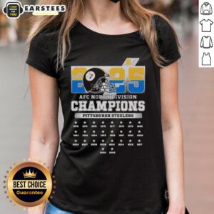 Alt Text: Pittsburgh Steelers Ladies Tee celebrating the 2025 AFC South Division Champions, featuring team colors and logo.