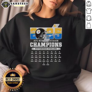 Pittsburgh Steelers sweatshirt celebrating the 2025 AFC South Division Champions title, featuring team colors and logo.