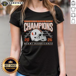 Alt Text: Miami Hurricanes helmet graphic on classic ladies tee celebrating 2026 Fiesta Bowl Champions.