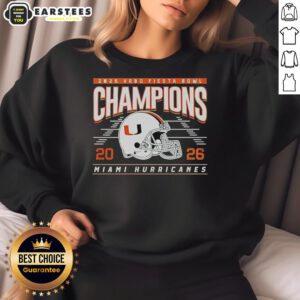 Miami Hurricanes helmet classic sweatshirt celebrating 2026 Fiesta Bowl champions, showcasing vibrant team colors.