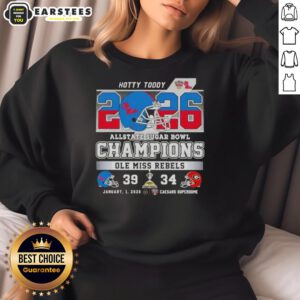 Good Allstate Sugar Bowl Ole Miss Rebels Hotty Toddy sweatshirt featuring a football helmet at Caesars Superdome.