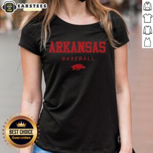 Arkansas Razorback baseball wordmark and logo on a stylish ladies tee, perfect for fans and casual wear.