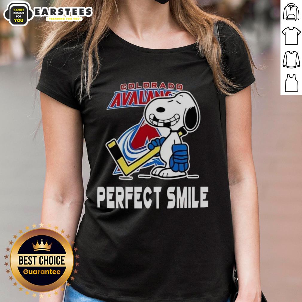 Good Colorado Avalanche Hockey Snoopy tee featuring a perfect smile, ideal for female fans and sports enthusiasts.
