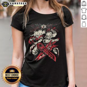 Alt Text: Anime ladies tee featuring stylish crossing blades design, perfect for fans of anime fashion and unique graphic tees.