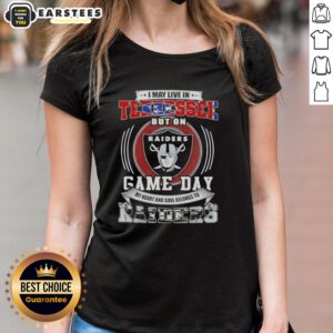 Lady wearing a tee that says 'Good I May Live In Tennessee But On Game Day My Heart Belongs To Las Vegas Raiders Football.'