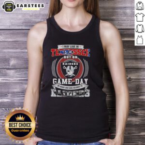 Fashionable tank top featuring 'Good I May Live In Tennessee But On Game Day My Heart Belongs To Las Vegas Raiders' design.