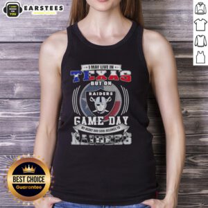 Game day tank top featuring 'I may live in Texas, but my heart belongs to Las Vegas Raiders' design.