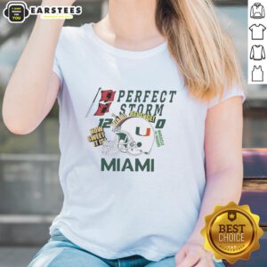 Nice Miami Hurricanes helmet on a ladies tee, featuring 'Perfect Storm Revenge How Sweet It Is' design for fans.