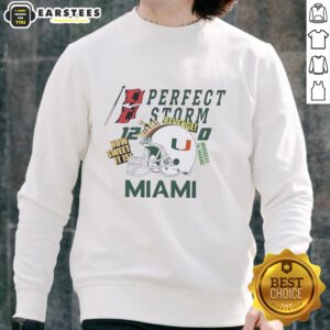 Miami Hurricanes helmet featured on 'Perfect Storm Revenge: How Sweet It Sweatshirt' - a must-have for fans.