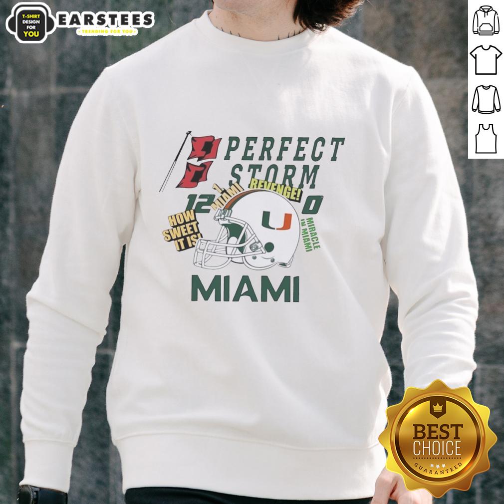 Miami Hurricanes helmet featured on 'Perfect Storm Revenge: How Sweet It Sweatshirt' - a must-have for fans.