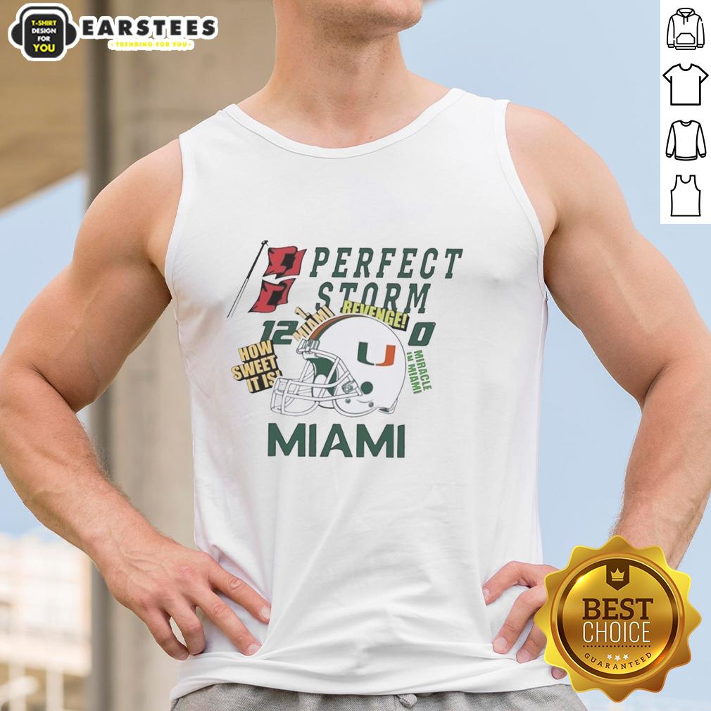 Stylish Miami Hurricanes helmet tank top featuring 'Perfect Storm Revenge' design for fans and sports enthusiasts.