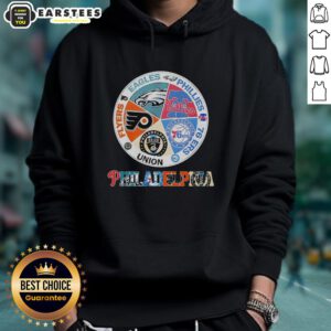 Nice Philadelphia Teams hoodie featuring Flyers, Eagles, Phillies, 76ers, and Union logos for sports fans.