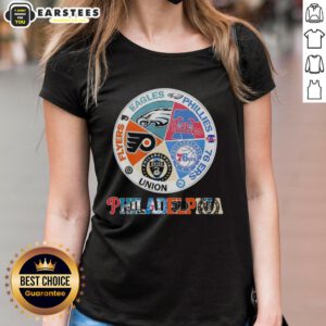 Nice Philadelphia Teams Ladies Tee featuring Flyers, Eagles, Phillies, 76ers, and Union logos for sports fans.