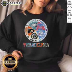 Cozy sweatshirt featuring Philadelphia teams: Flyers, Eagles, Phillies, 76ers, and Union for sports fans.
