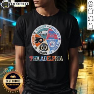 Nice Philadelphia Teams Flyers Eagles Phillies 76ers Union T-Shirt featuring logos of all four teams in vibrant colors.