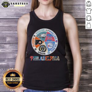 Philadelphia teams tank top featuring Flyers, Eagles, Phillies, 76ers, and Union logos for sports fans.